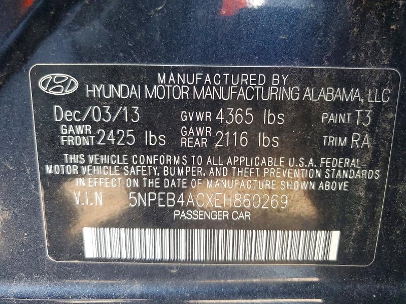 Auction sale of the 2014 Hyundai Sonata, vin: 5NPEB4ACXEH860269, lot number: 50600456