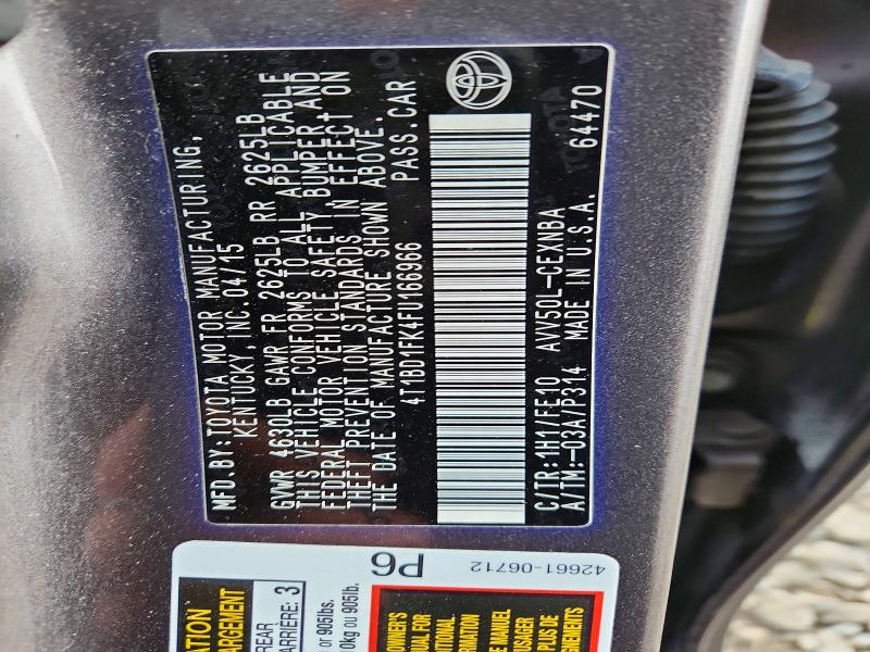 2015 Toyota Camry Hybrid მანქანა იყიდება აუქციონზე, vin: 4T1BD1FK4FU166966, აუქციონის ნომერი: 51605956
