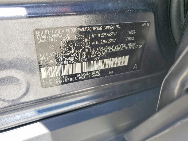 Aukcja sprzedaży 2019 Toyota Rav4, vin: 2T3H1RFV3KC032707, numer aukcji: 62012166