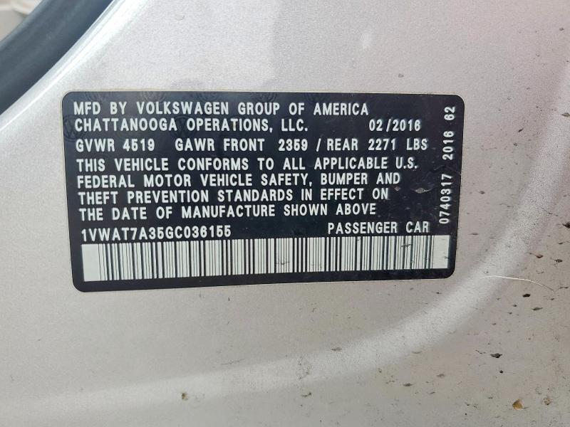 48138696 :رقم المزاد ، 1VWAT7A35GC036155 vin ، 2016 Volkswagen Passat مزاد بيع