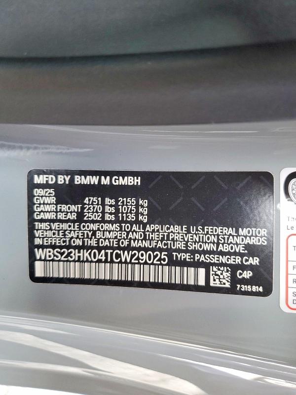Aukcja sprzedaży 2026 Bmw M4, vin: WBS23HK04TCW29025, numer aukcji: 51008786