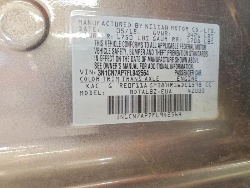 2015 Nissan Versa მანქანა იყიდება აუქციონზე, vin: 3N1CN7AP7FL942564, აუქციონის ნომერი: 51480406