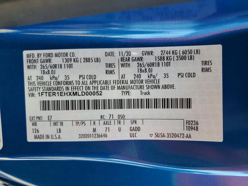 Aukcja sprzedaży 2021 Ford Ranger, vin: 1FTER1EHXMLD00052, numer aukcji: 51376696