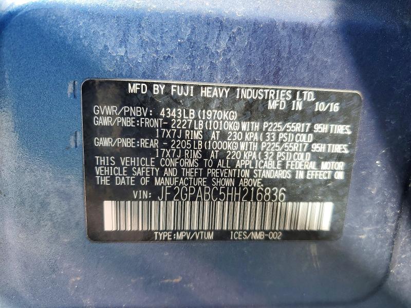 Продажа на аукционе авто 2017 Subaru Crosstrek, vin: JF2GPABC5HH216836, номер лота: 41987626