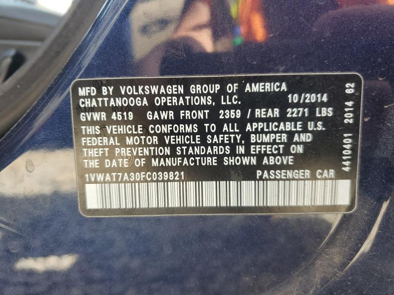 Auction sale of the 2015 Volkswagen Passat, vin: 1VWAT7A30FC039821, lot number: 49528226