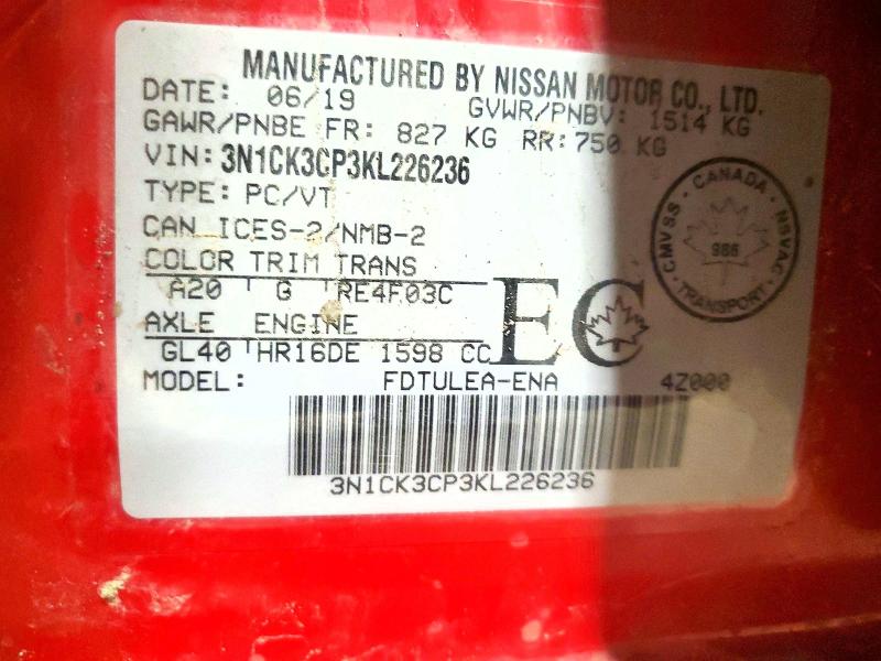 49254946 :رقم المزاد ، 3N1CK3CP3KL226236 vin ، 2019 Nissan Micra مزاد بيع