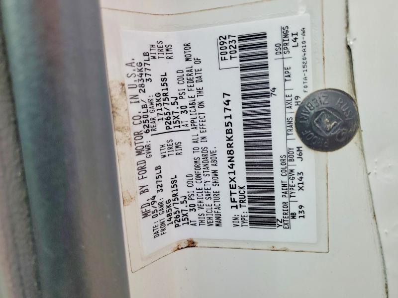 51703806 :رقم المزاد ، 1FTEX14N8RKB51747 vin ، 1994 Ford F150 مزاد بيع