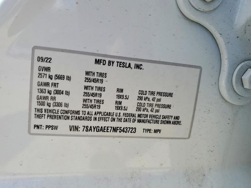 Продажа на аукционе авто 2022 Tesla Model Y, vin: 7SAYGAEE7NF543723, номер лота: 50829036