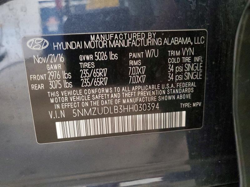 51786466 :رقم المزاد ، 5NMZUDLB3HH030394 vin ، 2017 Hyundai Santa Fe Sport مزاد بيع