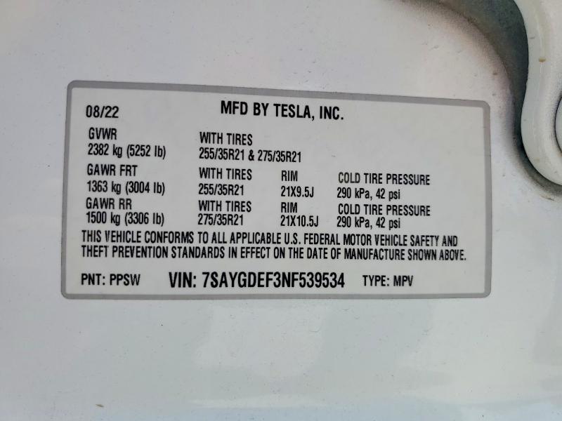 49133746 :رقم المزاد ، 7SAYGDEF3NF539534 vin ، 2022 Tesla Model Y مزاد بيع
