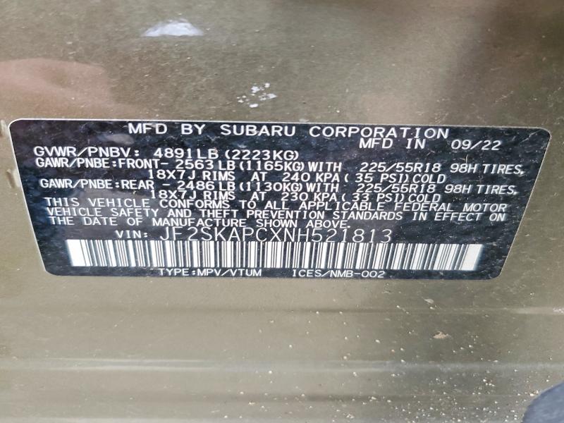 51487426 :رقم المزاد ، JF2SKAPCXNH521813 vin ، 2022 Subaru Forester مزاد بيع
