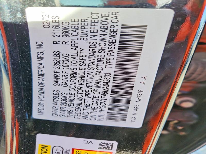 2021 Honda Accord მანქანა იყიდება აუქციონზე, vin: 1HGCV1F45MA042633, აუქციონის ნომერი: 49233966