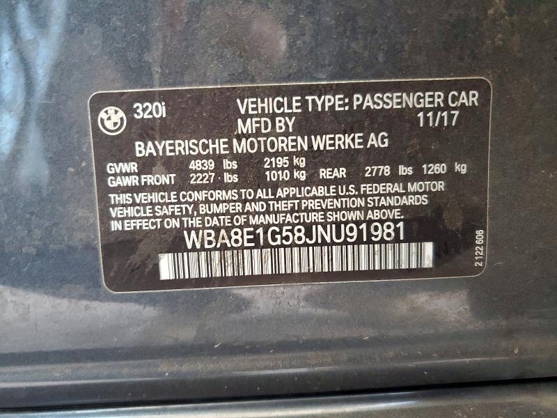 49975206 :رقم المزاد ، WBA8E1G58JNU91981 vin ، 2018 Bmw 320 مزاد بيع