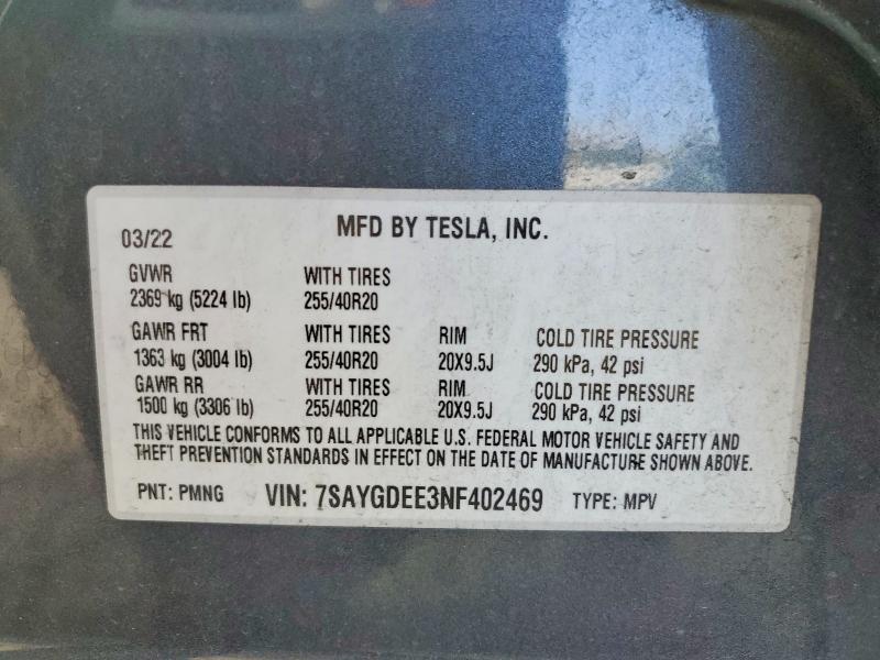 Продажа на аукционе авто 2022 Tesla Model Y, vin: 7SAYGDEE3NF402469, номер лота: 51087966