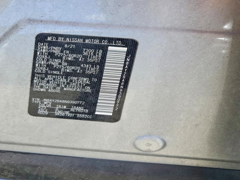 51173636 :رقم المزاد ، JN8AY2BA8N9390772 vin ، 2022 Nissan Armada مزاد بيع