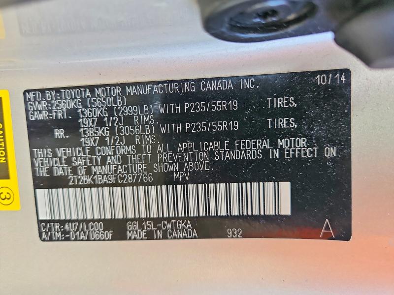 48988626 :رقم المزاد ، 2T2BK1BA9FC287766 vin ، 2015 Lexus Rx 350 مزاد بيع