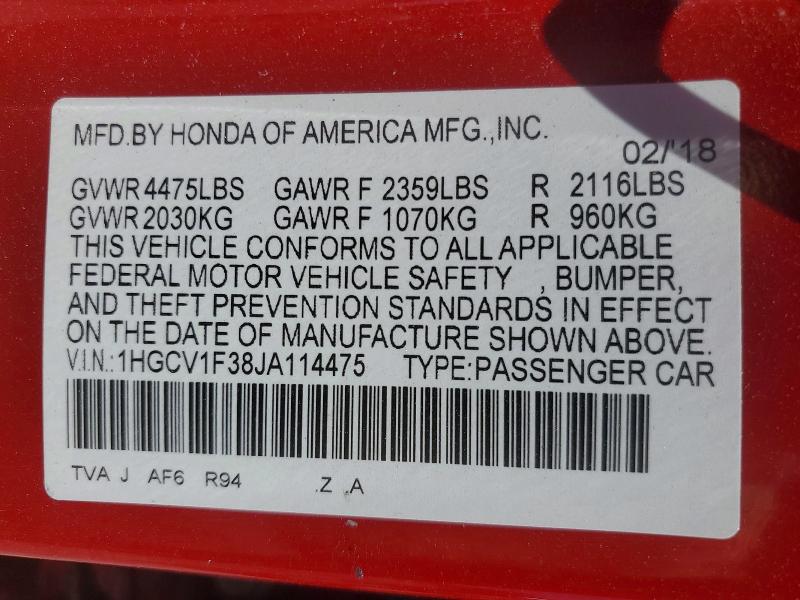 50106696 :رقم المزاد ، 1HGCV1F38JA114475 vin ، 2018 Honda Accord مزاد بيع