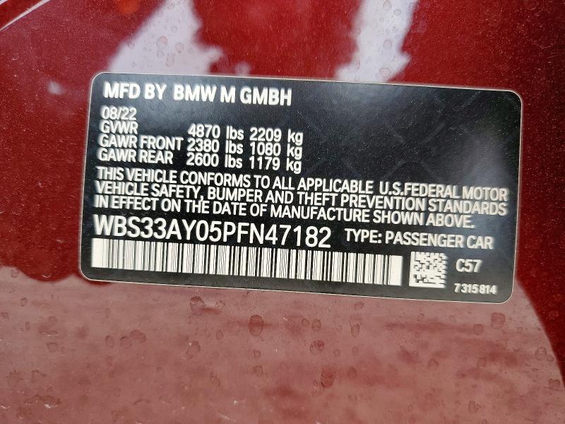 2023 Bmw M3 მანქანა იყიდება აუქციონზე, vin: WBS33AY05PFN47182, აუქციონის ნომერი: 51370586