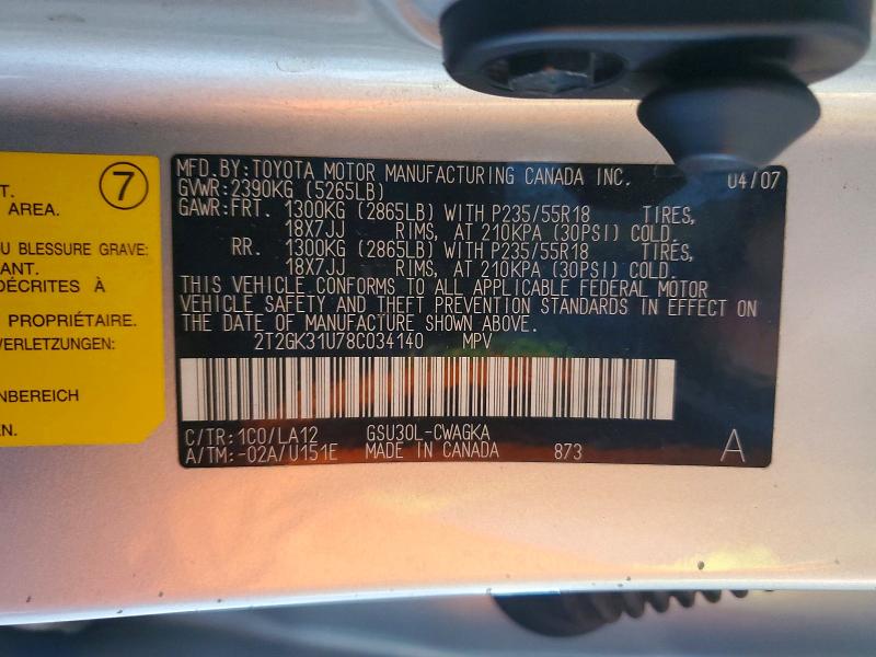 Aukcja sprzedaży 2008 Lexus Rx, vin: 2T2GK31U78C034140, numer aukcji: 51884176