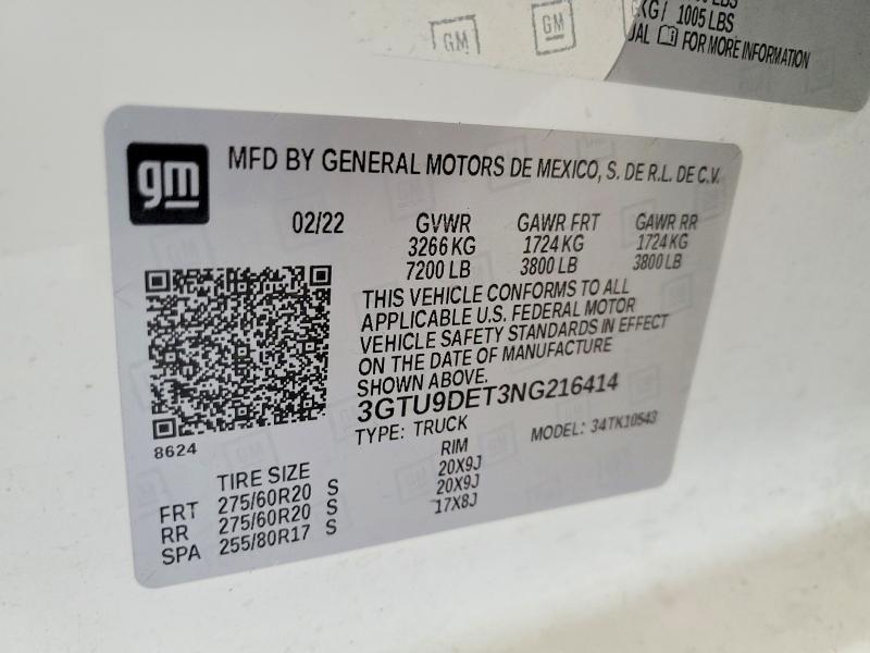 50818656 :رقم المزاد ، 3GTU9DET3NG216414 vin ، 2022 Gmc Sierra Limited مزاد بيع