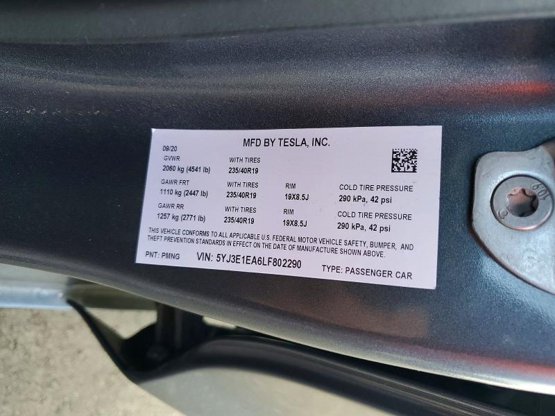 2020 Tesla Model 3 მანქანა იყიდება აუქციონზე, vin: 5YJ3E1EA6LF802290, აუქციონის ნომერი: 50822336