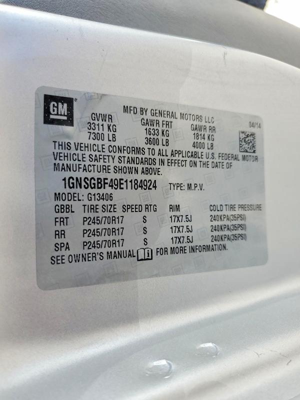 2014 Chevrolet Express G1500 მანქანა იყიდება აუქციონზე, vin: 1GNSGBF49E1184924, აუქციონის ნომერი: 51326986