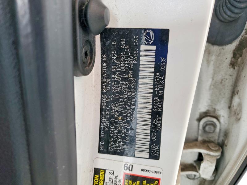 2020 Lexus Es მანქანა იყიდება აუქციონზე, vin: 58AGZ1B11LU072827, აუქციონის ნომერი: 50813506