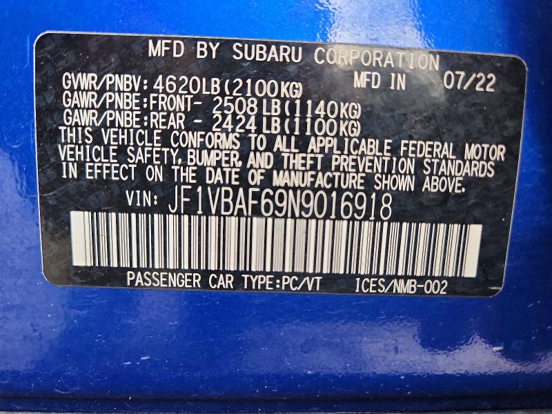 49128166 :رقم المزاد ، JF1VBAF69N9016918 vin ، 2022 Subaru Wrx مزاد بيع