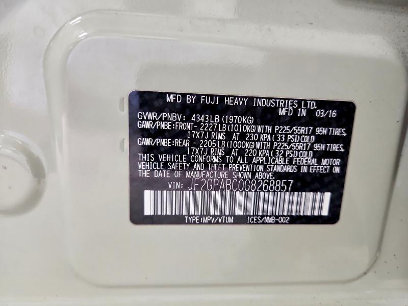 2016 Subaru Crosstrek მანქანა იყიდება აუქციონზე, vin: JF2GPABC0G8268857, აუქციონის ნომერი: 51888466