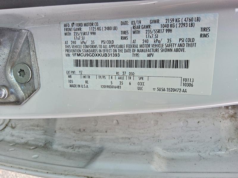 Aukcja sprzedaży 2019 Ford Escape, vin: 1FMCU9GDXKUB31393, numer aukcji: 48290586