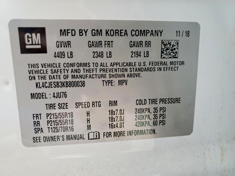 50293586 :رقم المزاد ، KL4CJESB3KB800038 vin ، 2019 Buick Encore مزاد بيع