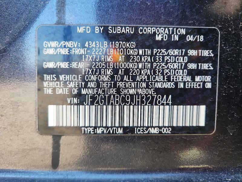 50468536 :رقم المزاد ، JF2GTABC9JH327844 vin ، 2018 Subaru Crosstrek مزاد بيع
