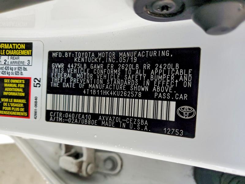 50368706 :رقم المزاد ، 4T1B11HK4KU262578 vin ، 2019 Toyota Camry مزاد بيع