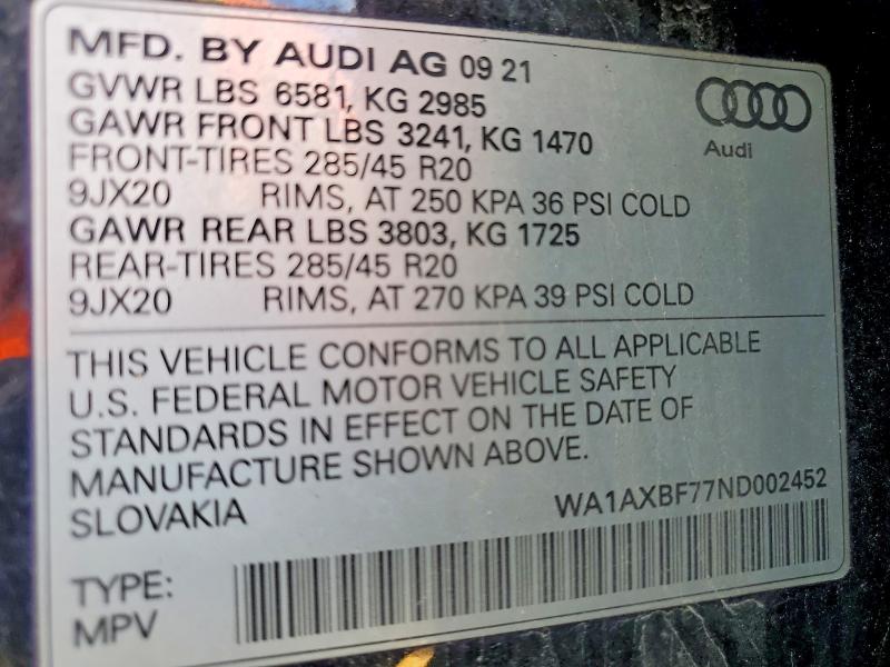 2022 Audi Q7 მანქანა იყიდება აუქციონზე, vin: WA1AXBF77ND002452, აუქციონის ნომერი: 51085766