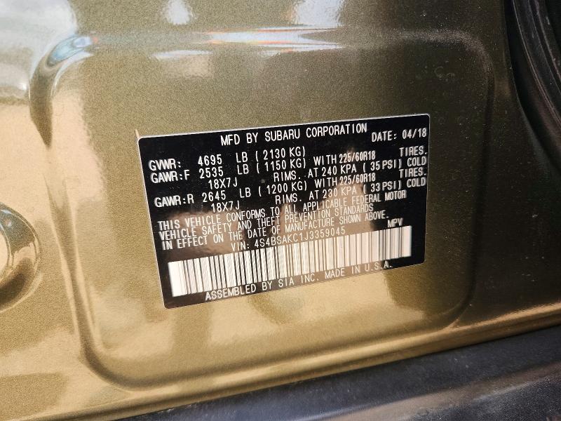 Продажа на аукционе авто 2018 Subaru Outback, vin: 4S4BSAKC1J3359045, номер лота: 50986246