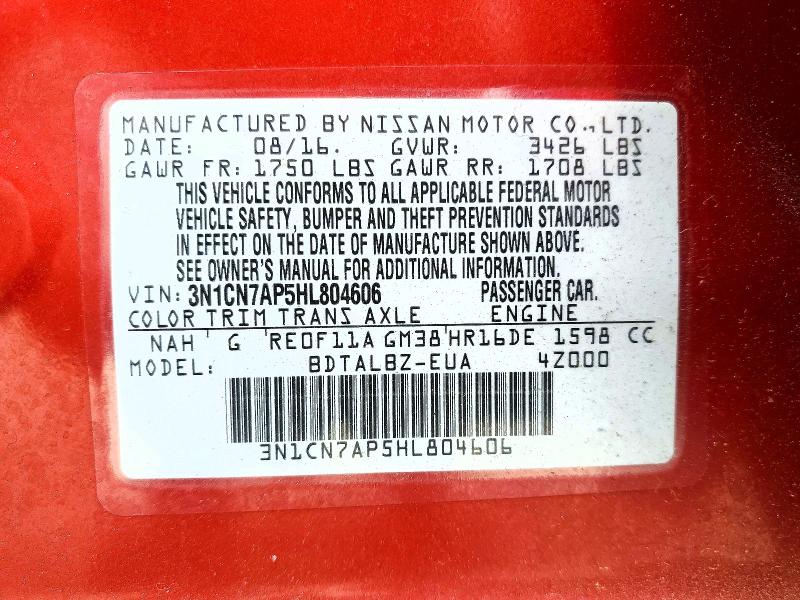 Продажа на аукционе авто 2017 Nissan Versa, vin: 3N1CN7AP5HL804606, номер лота: 48761206