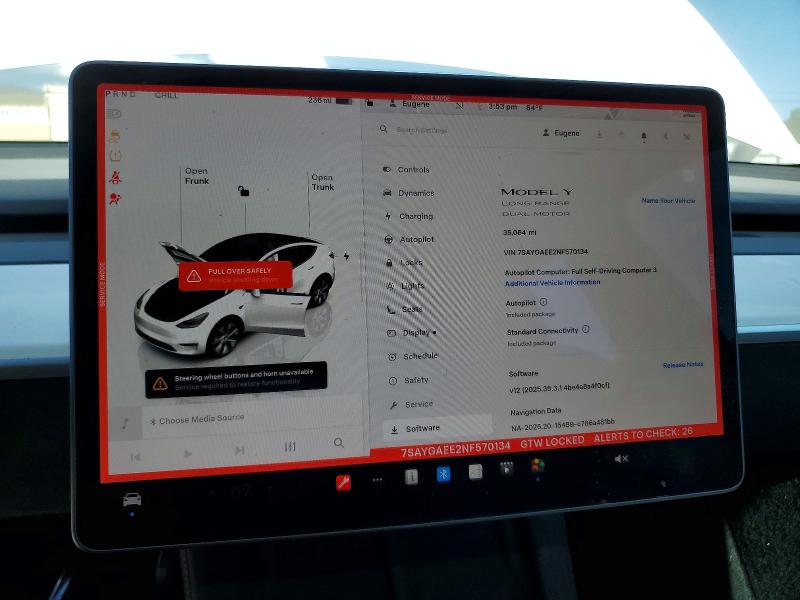 48402056 :رقم المزاد ، 7SAYGAEE2NF570134 vin ، 2022 Tesla Model Y مزاد بيع