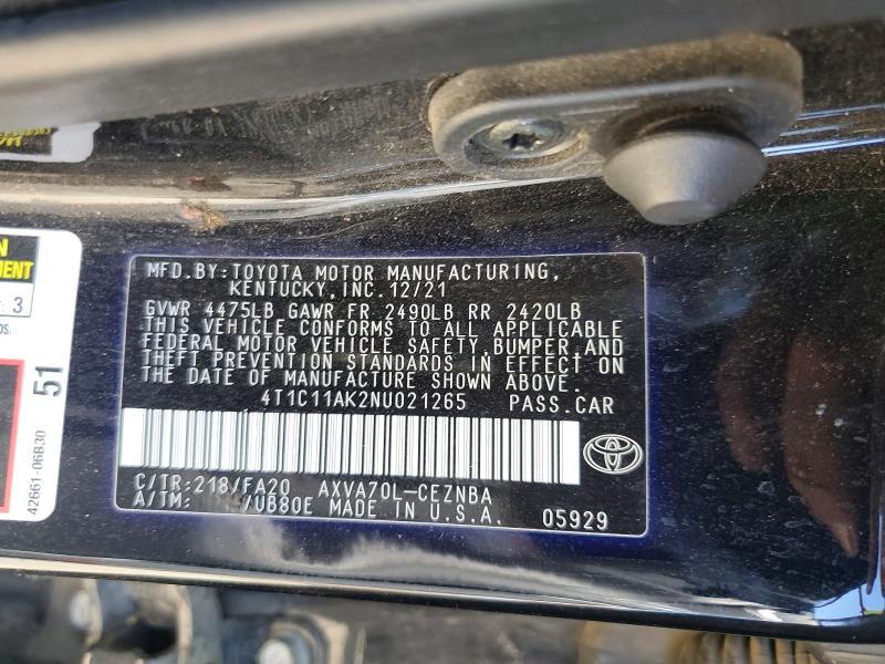 2022 Toyota Camry მანქანა იყიდება აუქციონზე, vin: 4T1C11AK2NU021265, აუქციონის ნომერი: 48650546
