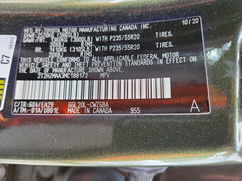 49618126 :رقم المزاد ، 2T2HZMAA3MC188172 vin ، 2021 Lexus Rx مزاد بيع