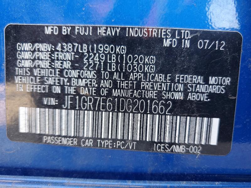 2013 Subaru Impreza მანქანა იყიდება აუქციონზე, vin: JF1GR7E61DG201662, აუქციონის ნომერი: 49928296