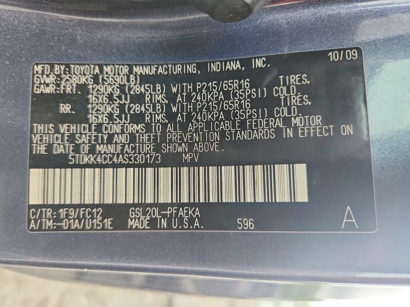 Aukcja sprzedaży 2010 Toyota Sienna, vin: 5TDKK4CC4AS330173, numer aukcji: 51383186