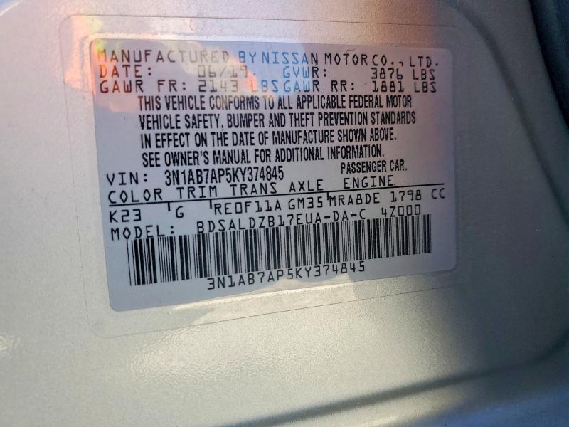 49626116 :رقم المزاد ، 3N1AB7AP5KY374845 vin ، 2019 Nissan Sentra مزاد بيع