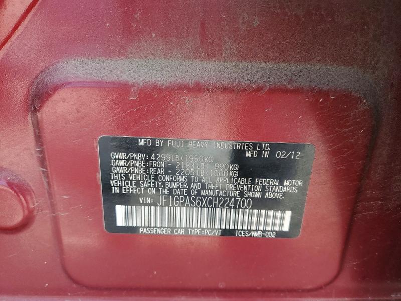 2012 Subaru Impreza მანქანა იყიდება აუქციონზე, vin: JF1GPAS6XCH224700, აუქციონის ნომერი: 48009606