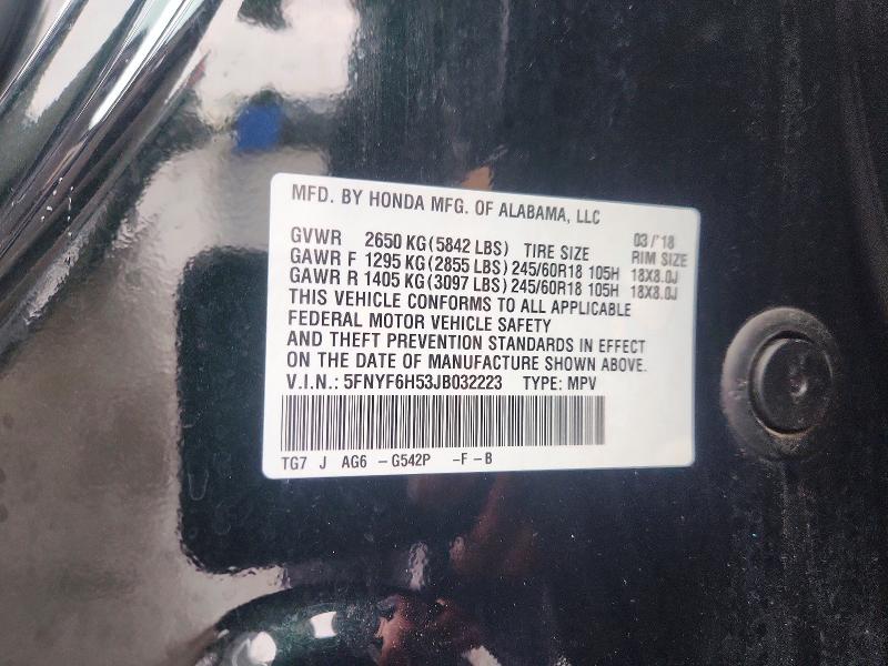 Продажа на аукционе авто 2018 Honda Pilot, vin: 5FNYF6H53JB032223, номер лота: 50884846