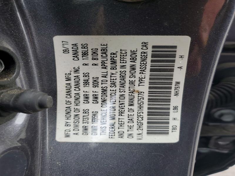 Aukcja sprzedaży 2017 Honda Civic, vin: 2HGFC2F51HH575779, numer aukcji: 51553076