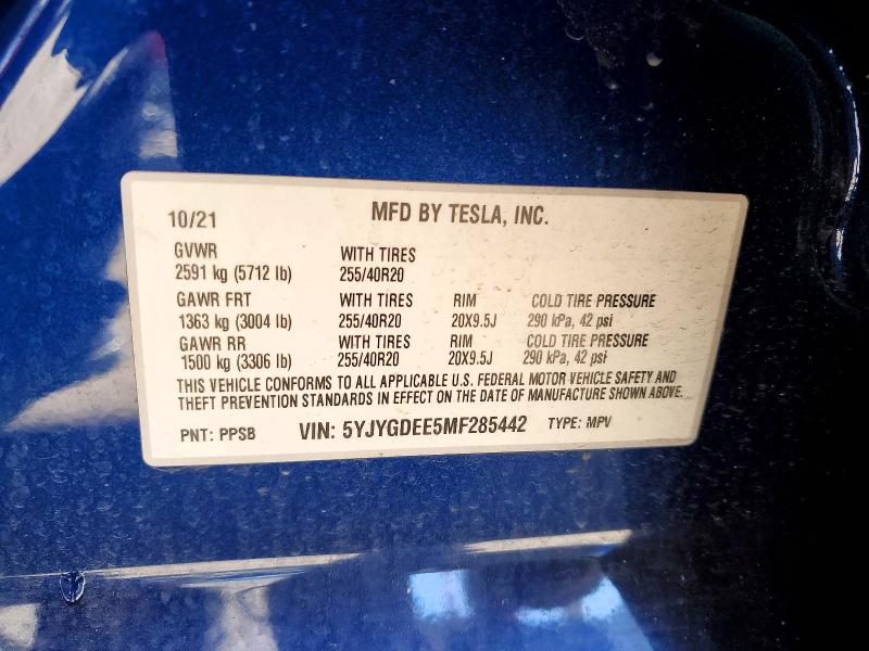 49815026 :رقم المزاد ، 5YJYGDEE5MF285442 vin ، 2021 Tesla Model Y مزاد بيع