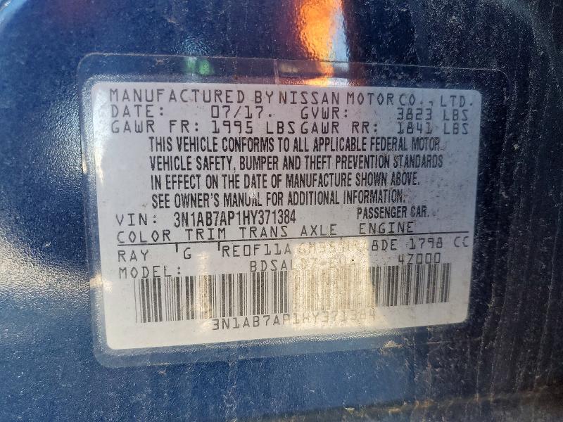 2017 Nissan Sentra მანქანა იყიდება აუქციონზე, vin: 3N1AB7AP1HY371384, აუქციონის ნომერი: 50710846