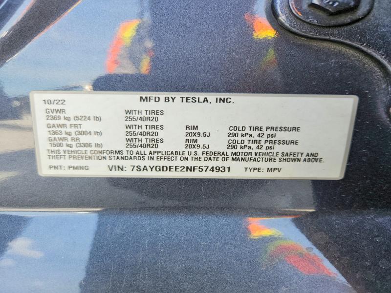 Продаж на аукціоні авто 2022 Tesla Model Y, vin: 7SAYGDEE2NF574931, номер лоту: 49550356