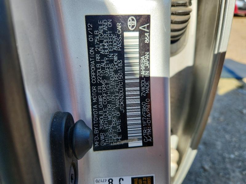 50630446 :رقم المزاد ، JTDKN3DU7C1501183 vin ، 2012 Toyota Prius مزاد بيع