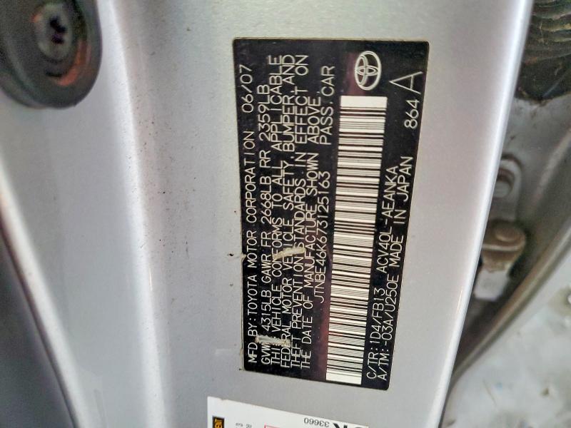 50611096 :رقم المزاد ، JTNBE46K673125163 vin ، 2007 Toyota Camry مزاد بيع